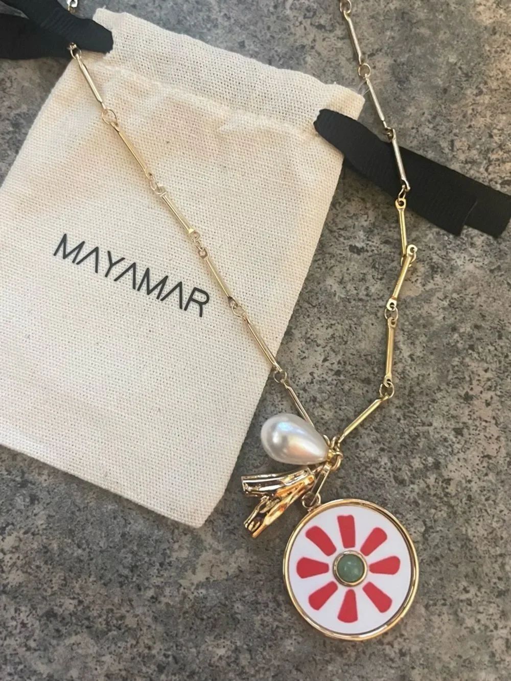 Gold-Tone Pendant Necklace with Red Flower and Pearl Charm by Mayamar